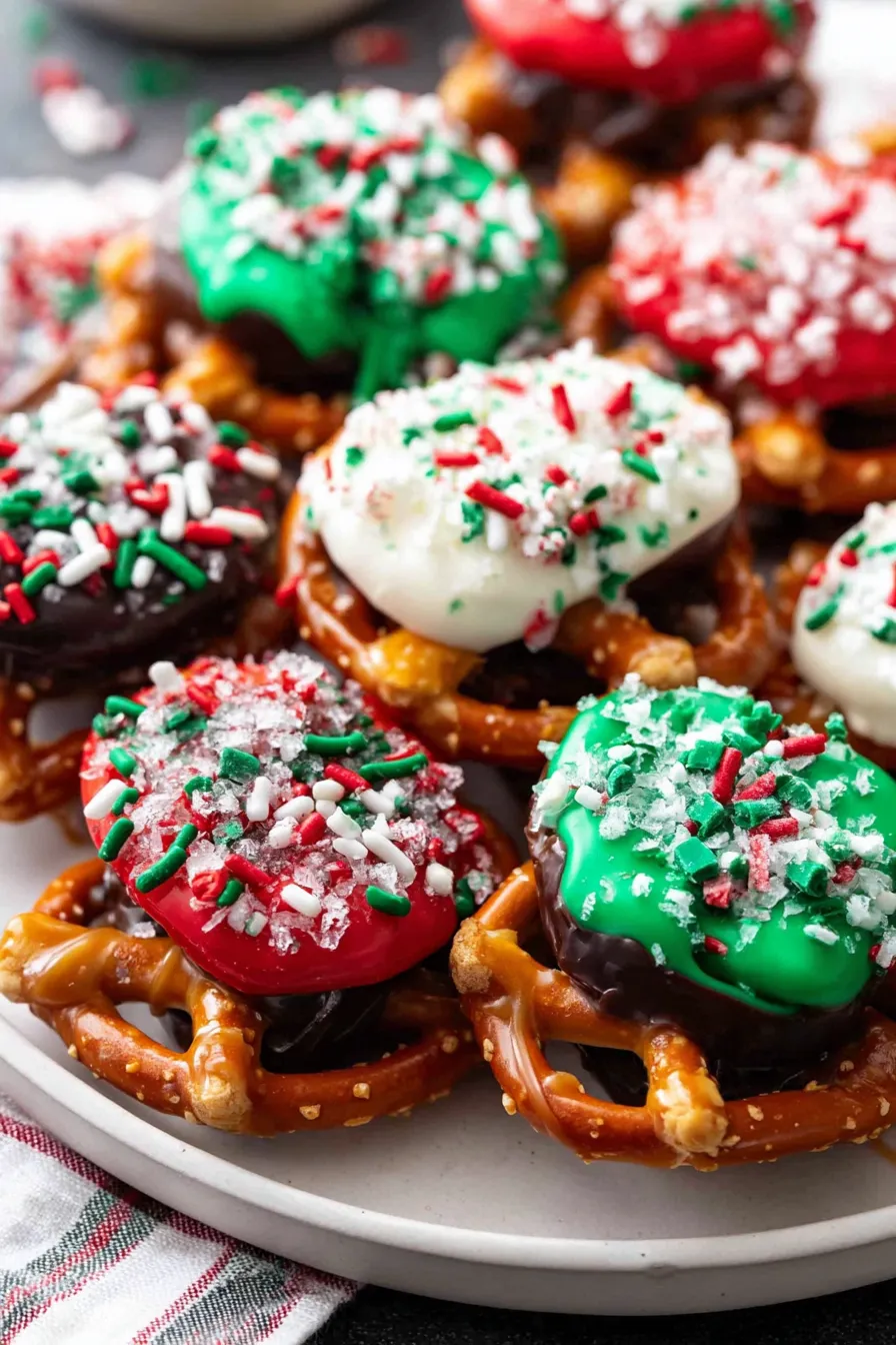 Caramel pretzel bites on parchment with red and green drizzle