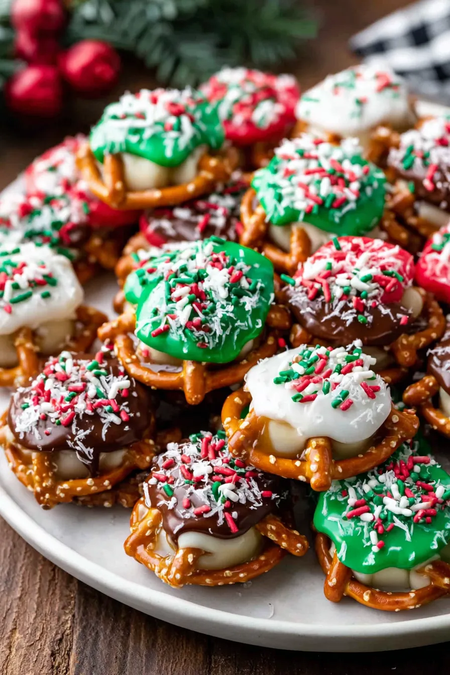 Close-up of pretzel bites with white drizzle and sprinkles