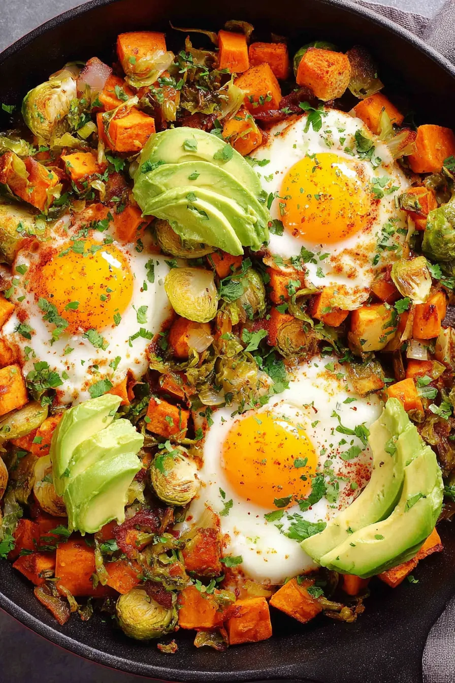 Sweet potato and Brussels sprout hash in skillet