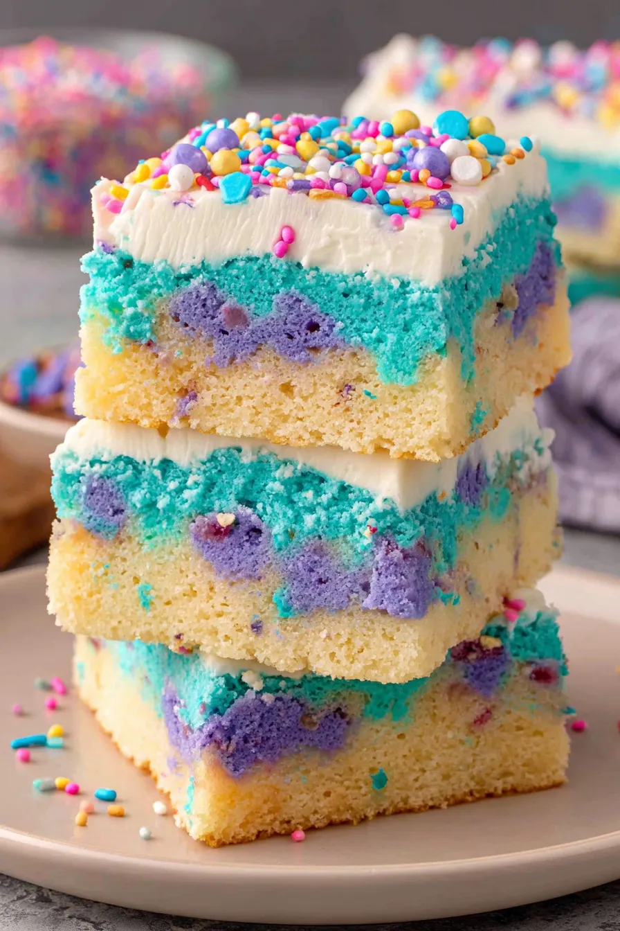 Freshly frosted funfetti unicorn bars in a 9x13 pan