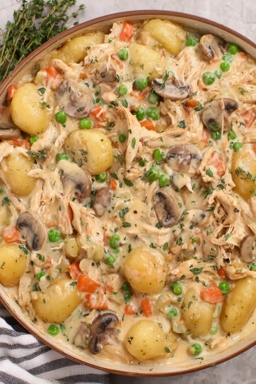 Gnocchi Chicken Pot Pie bubbling in a skillet