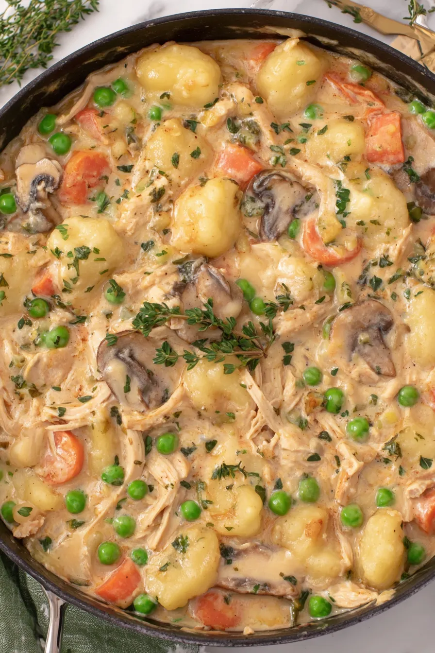 Creamy gnocchi and chicken in a skillet served with thyme