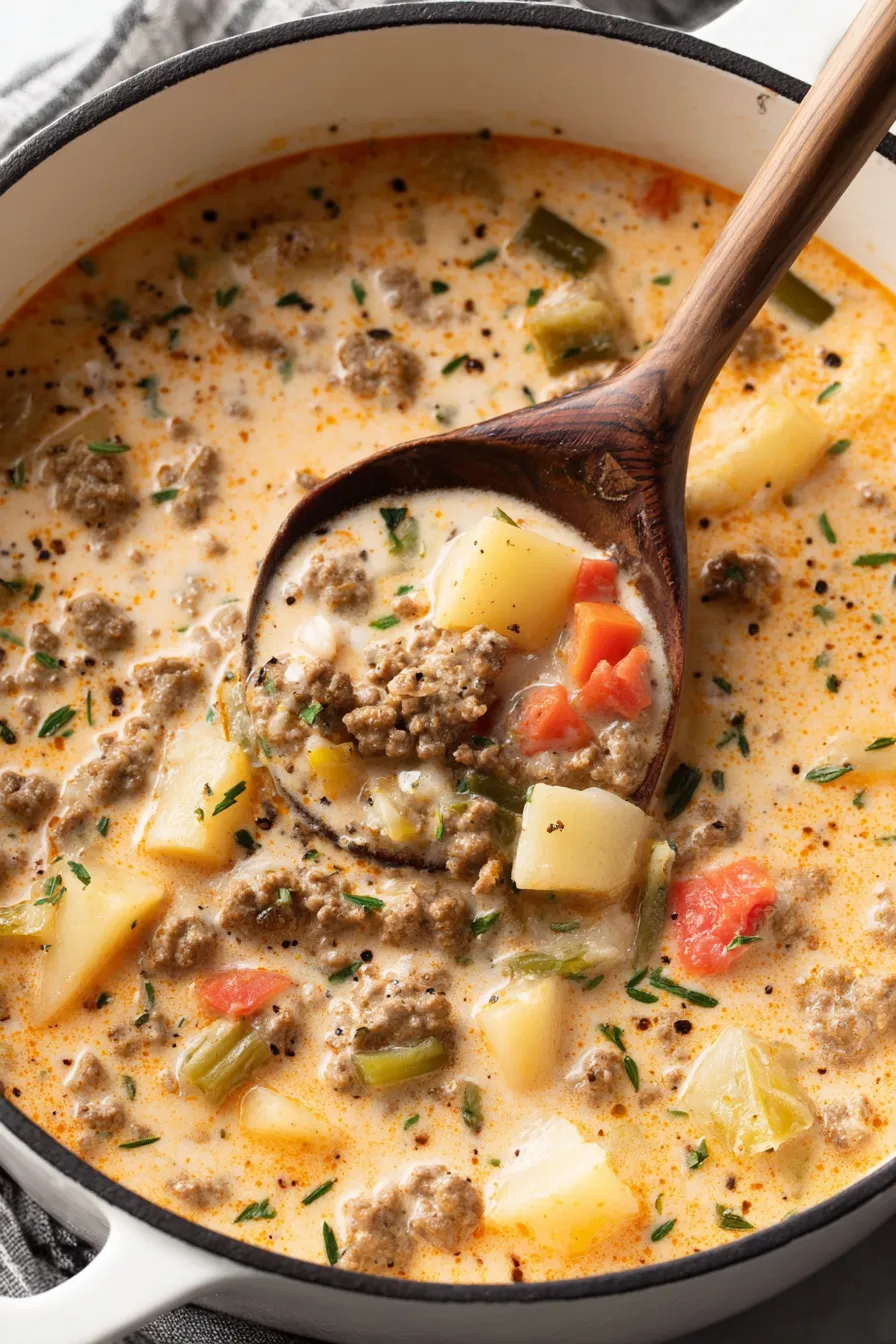 Spoon lifting shepherd's pie soup