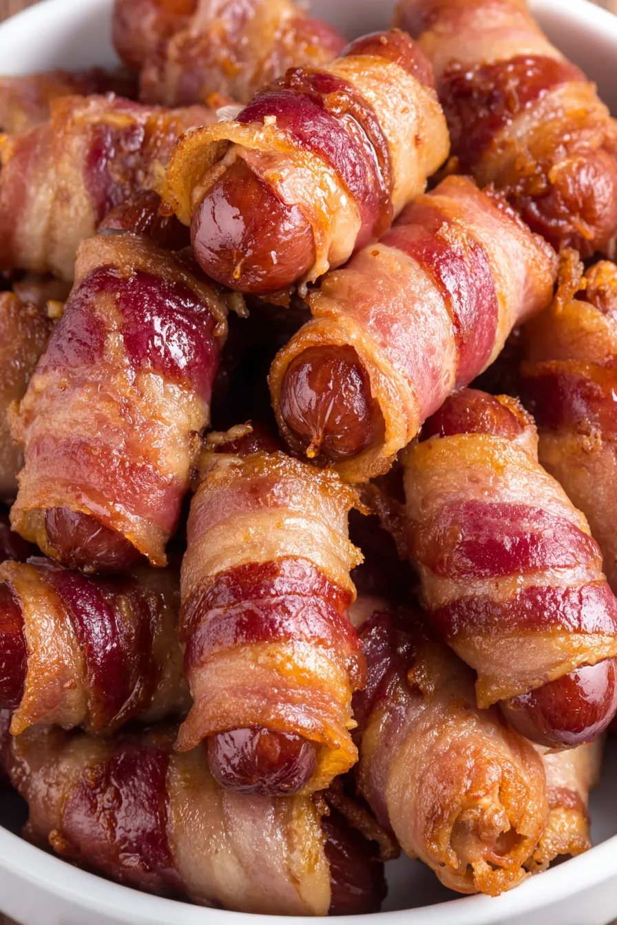 Bacon wrapped smokies in a baking dish, glazed with brown sugar