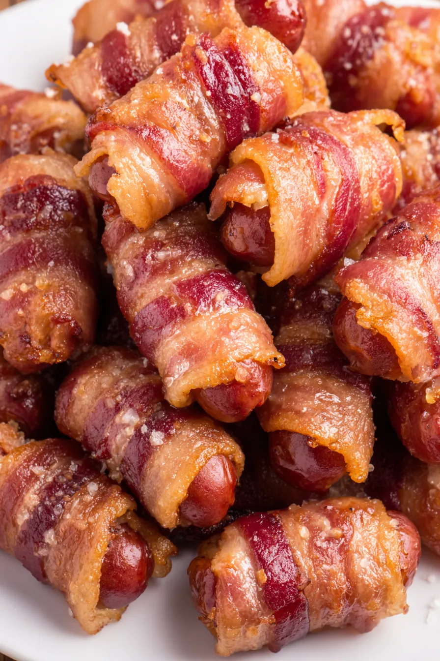 Close up of a glazed bacon wrapped smokie on a fork