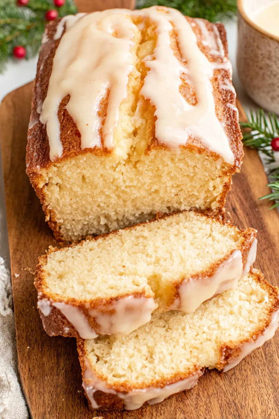 Sliced eggnog bread with powdered glaze
