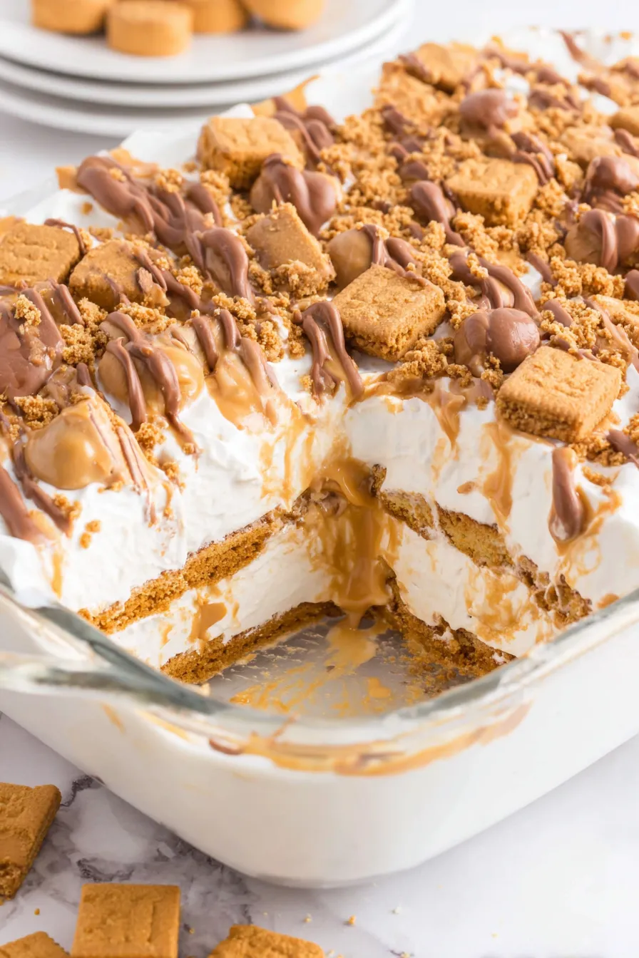Layered peanut butter lasagna close-up