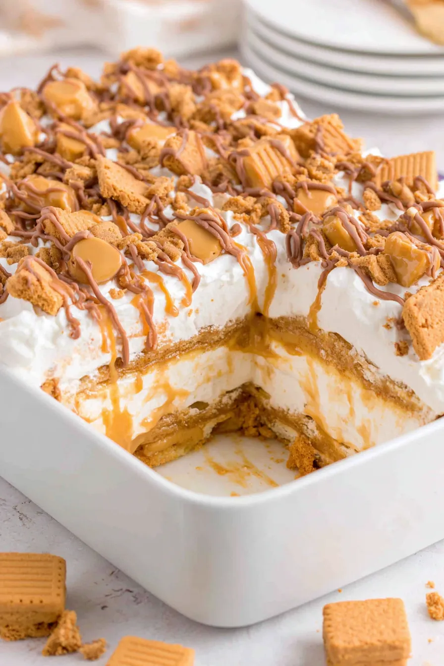 Slices of peanut butter lasagna on a plate