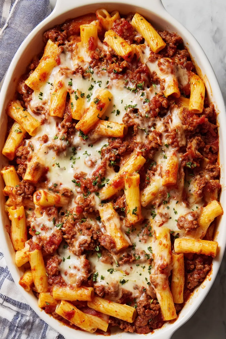Baked ziti in casserole dish with melted cheese
