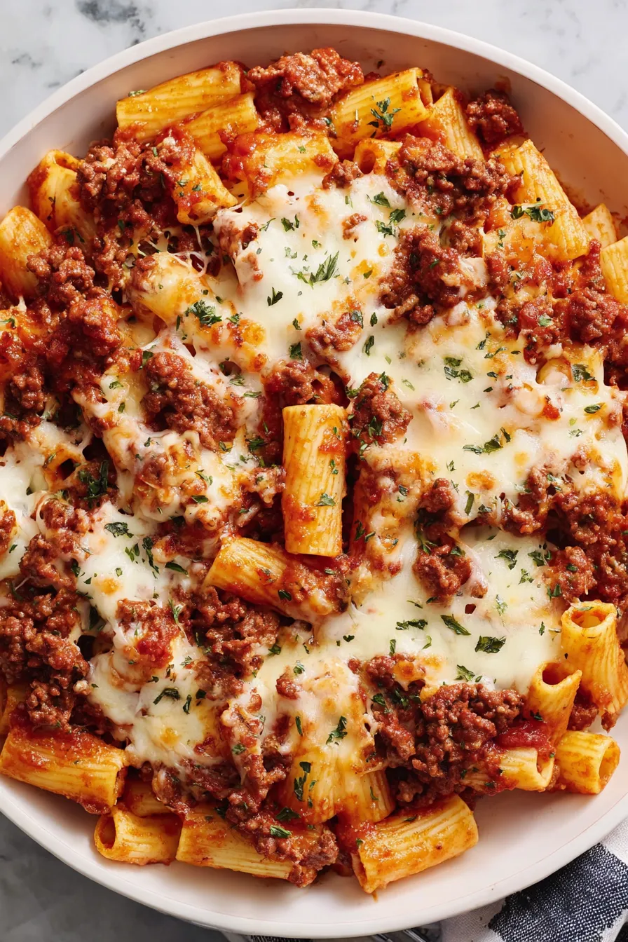 Close up of cheesy baked ziti serving