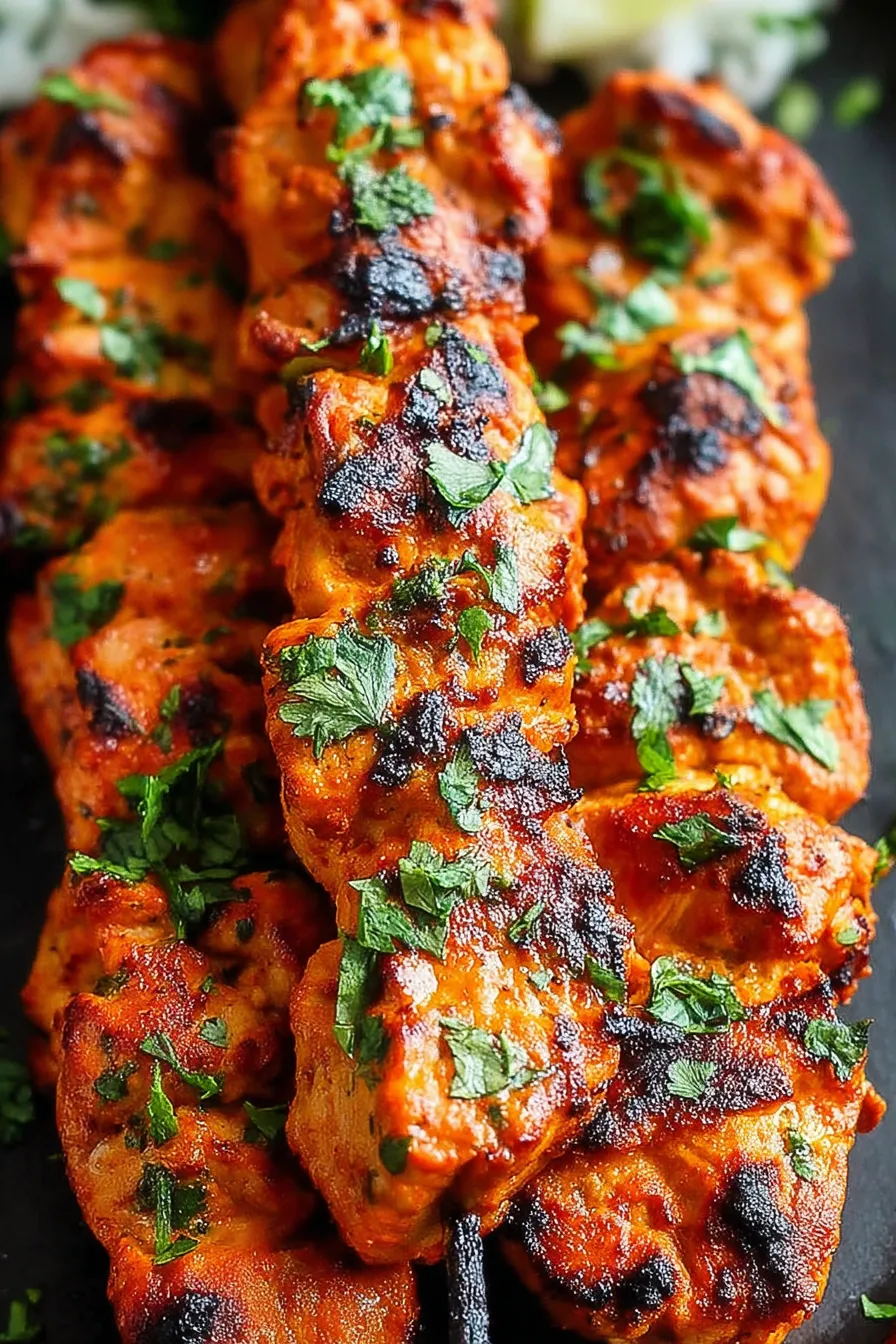 Skewered chicken tikka kebabs ready for the grill