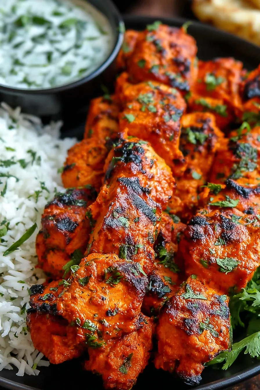 Cooked chicken tikka kebabs garnished with fresh coriander