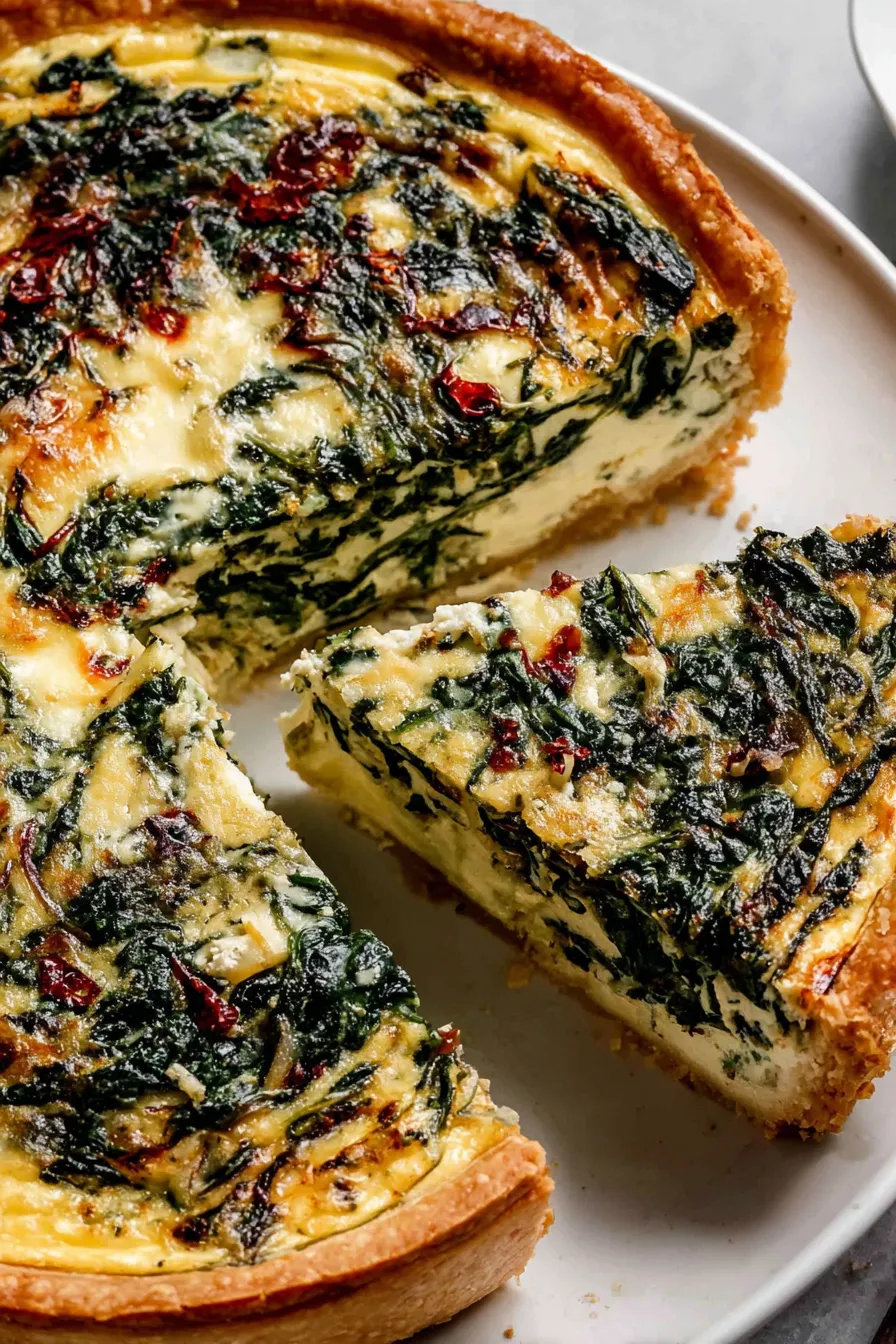 Baked spinach quiche in pie dish