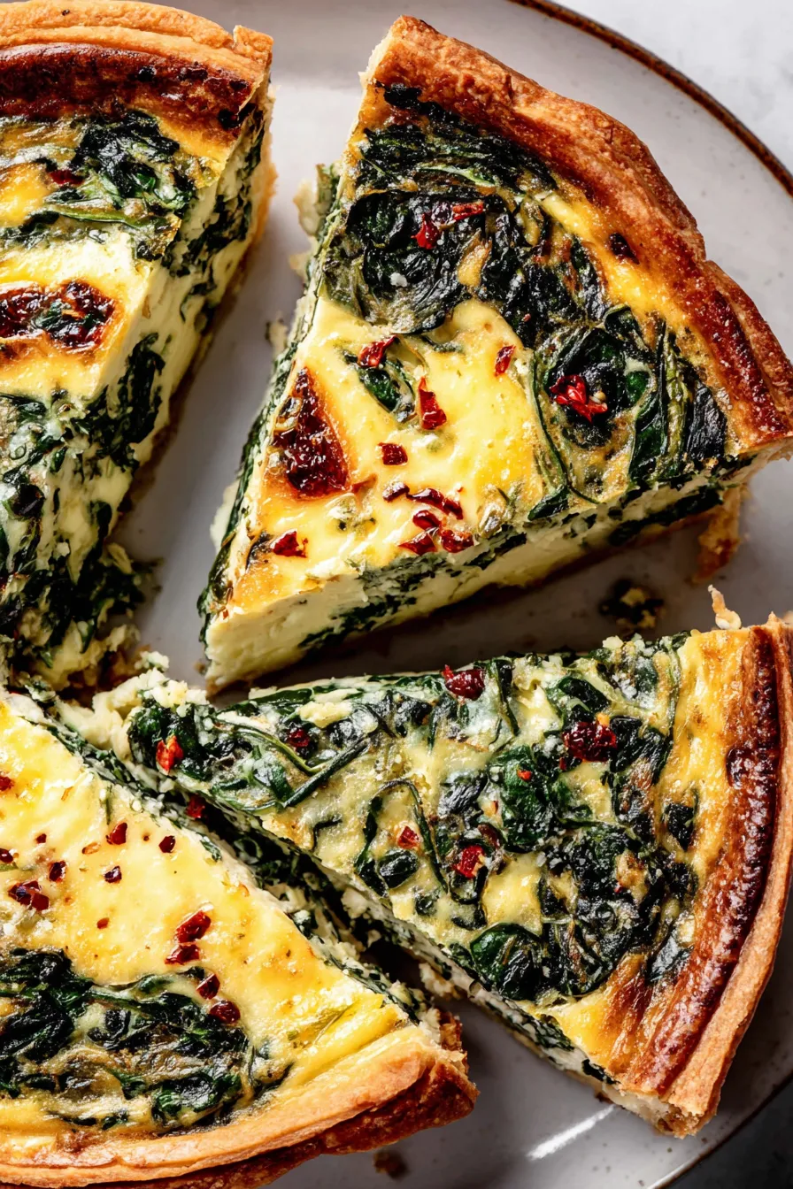 Slice of spinach and cheese quiche served on plate