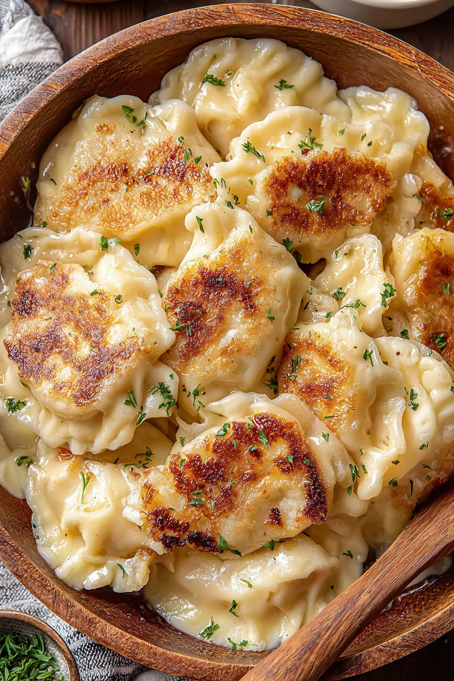 Plated pierogi ruskie with caramelized onions