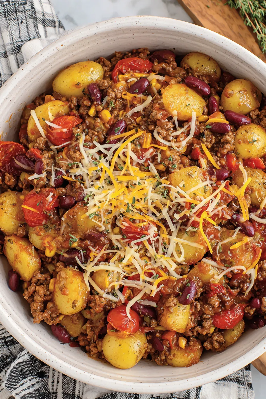 Crockpot Cowboy Casserole in a slow cooker with melted cheese