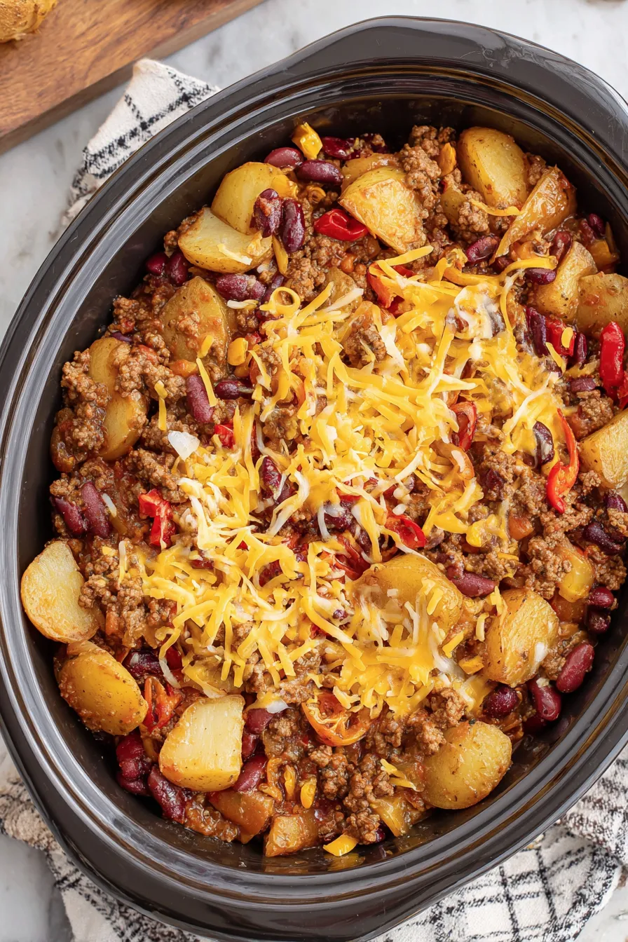 Close up of layered casserole with potatoes and beef