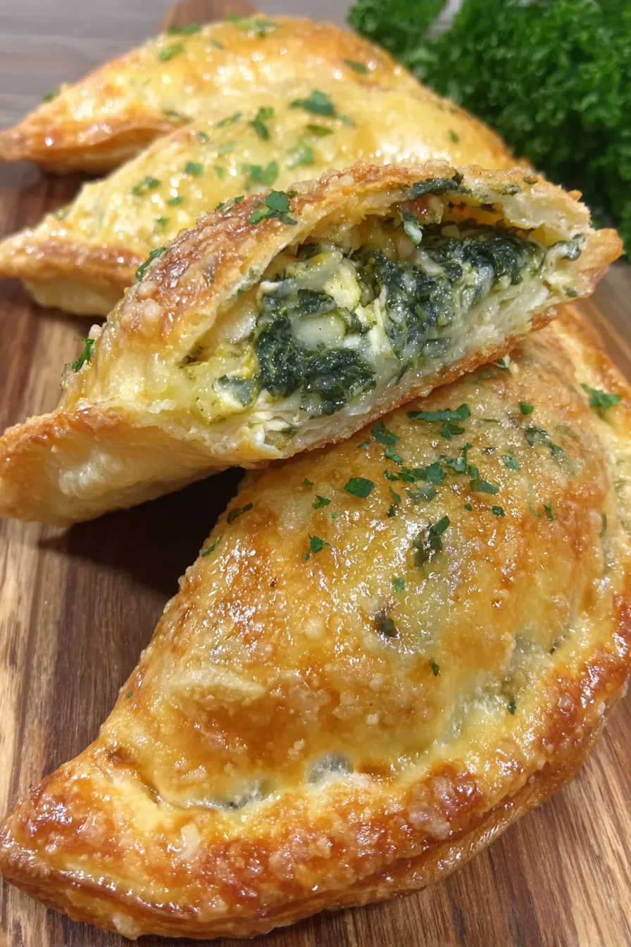 Handmade vegan spinach feta empanadas frying in a skillet