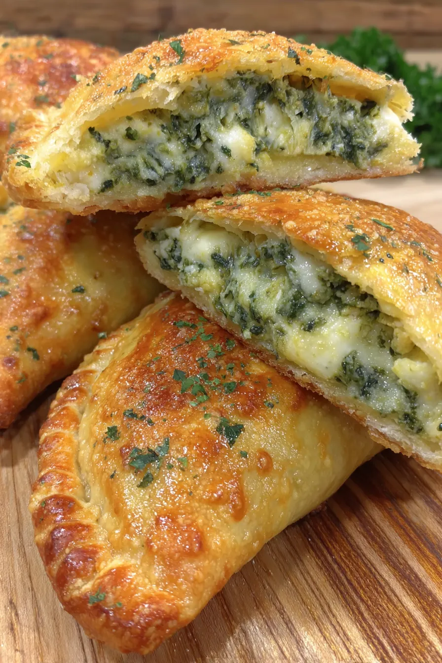 Plated spinach and vegan feta empanadas served with a dipping sauce