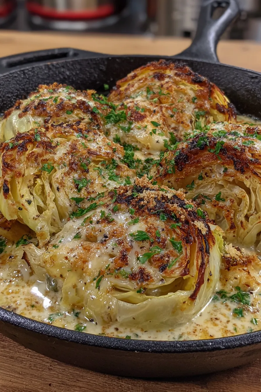 Close up of melting cabbage topped with Parmesan and parsley