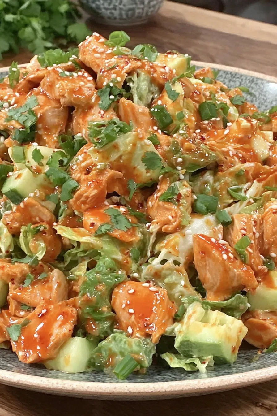 Shredded Korean BBQ chicken in bowl with sauce