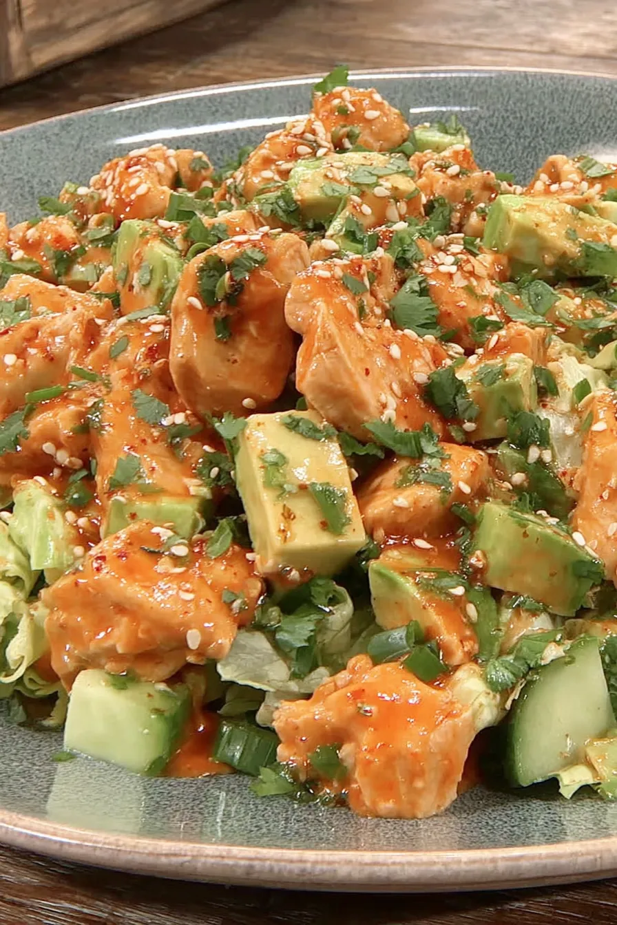 Korean BBQ chicken salad plated with sesame and nuts