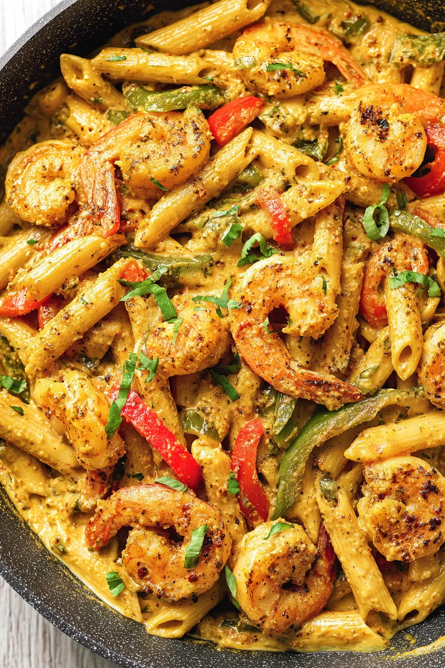 Close-up of penne with peppers and shrimp