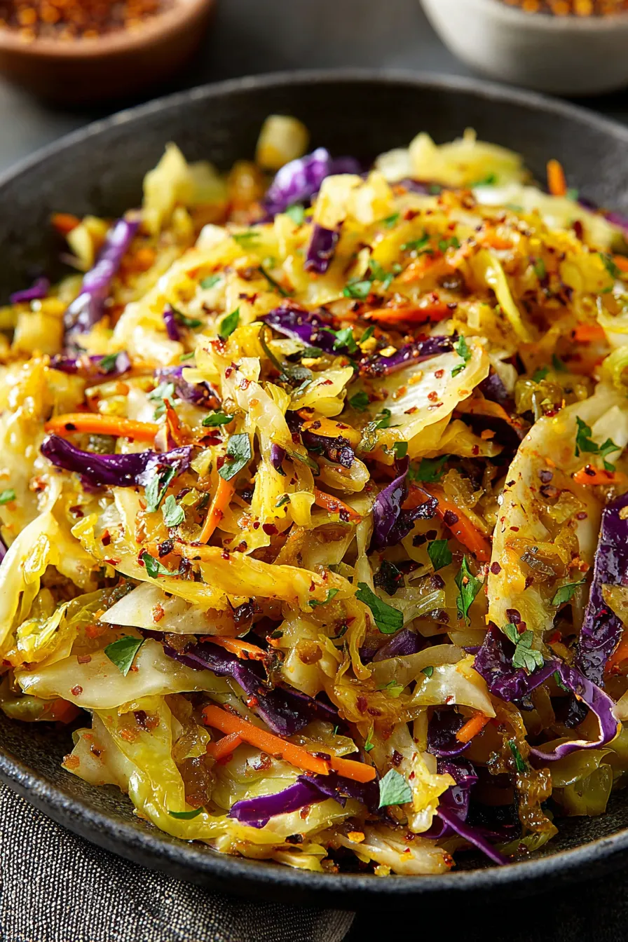Roasted cabbage on a baking sheet with spices