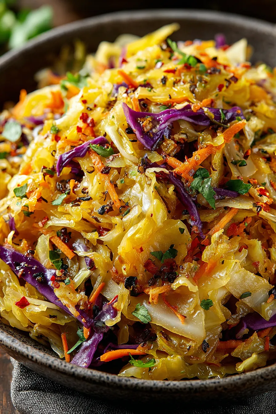 Close-up of spiced roasted cabbage with coconut and cilantro