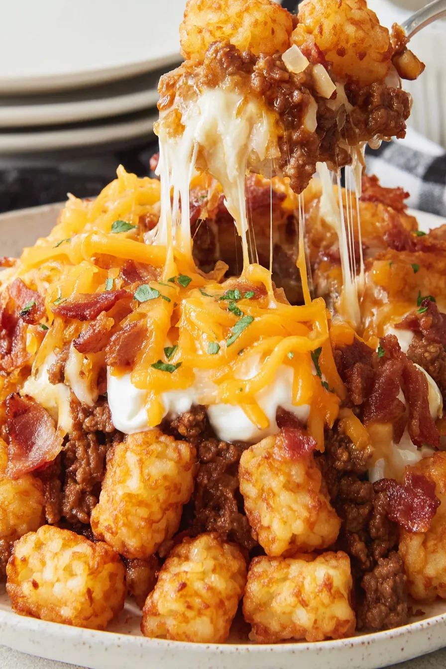 Close-up of tater tots on casserole before final bake