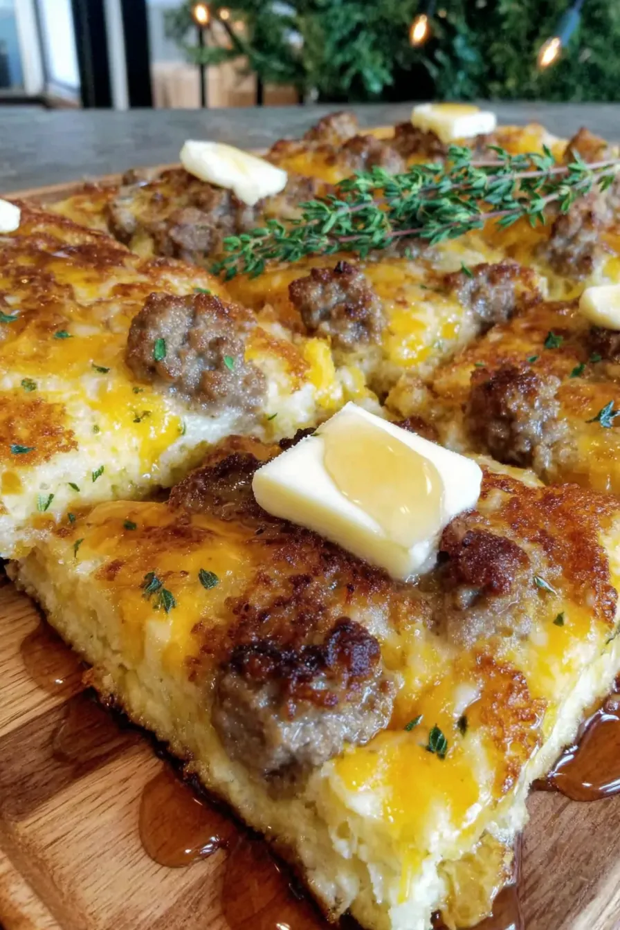 Sheet pan pancakes with sausage and melted cheddar