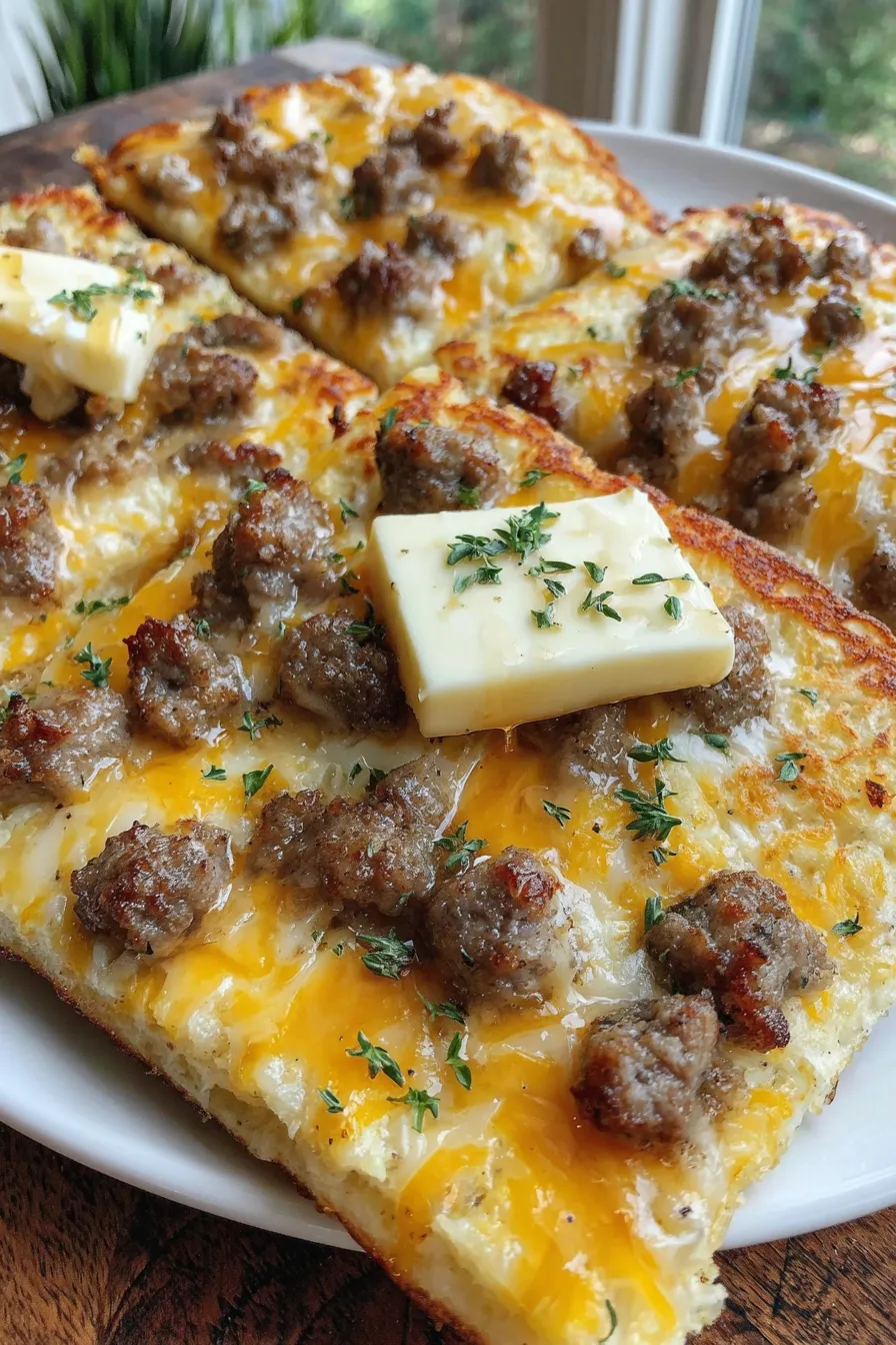 Close-up of a slice showing melted cheese and sausage