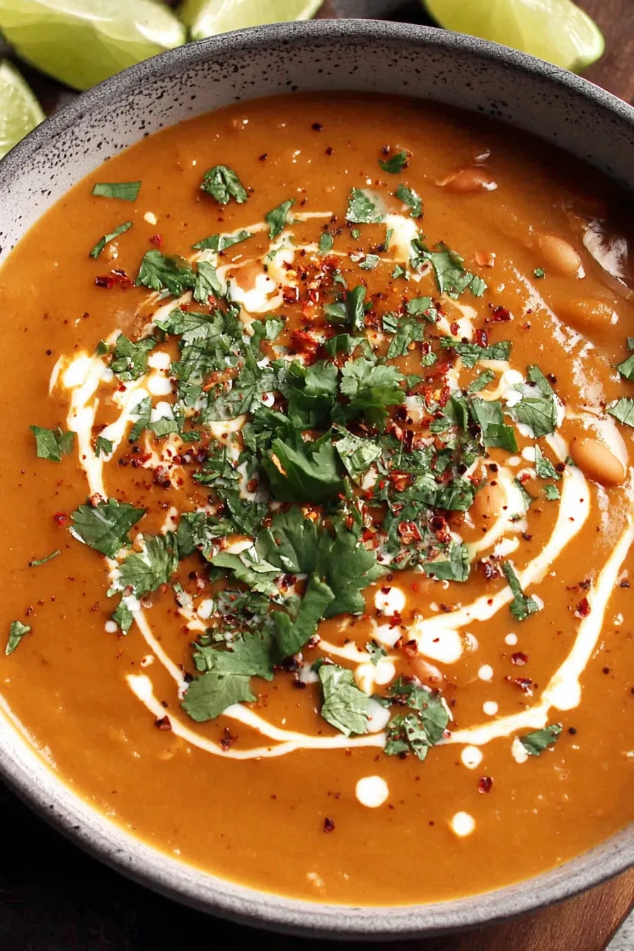 Bowl of spicy pinto bean soup garnished with crema and cilantro