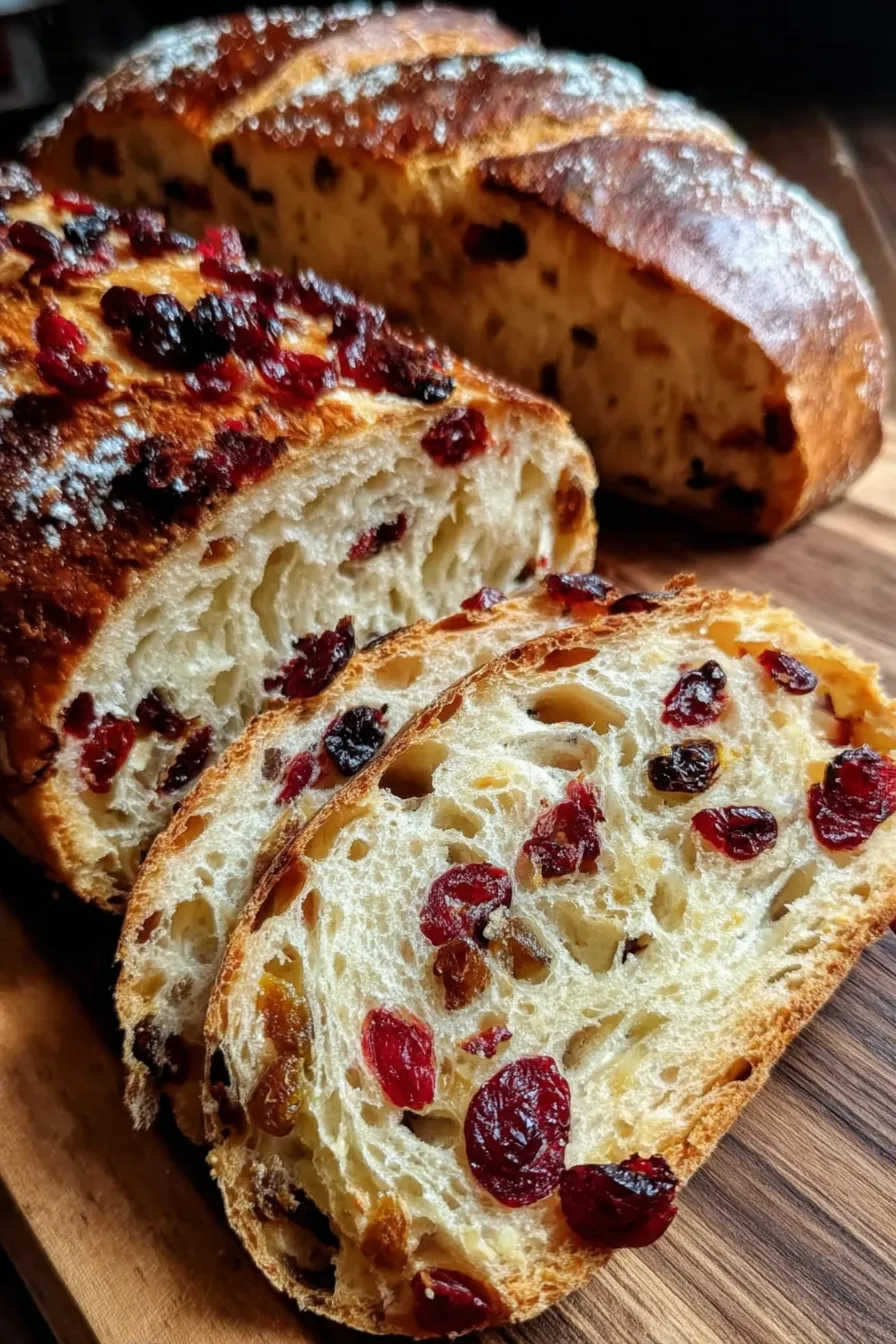 Loaf of cranberry raisin walnut cinnamon artisan bread cooling on a rack