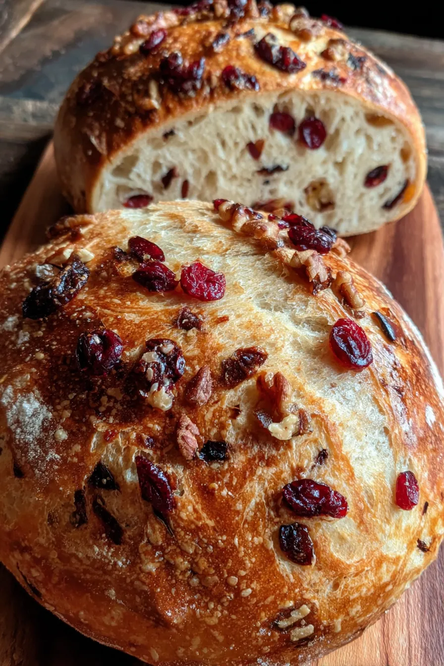 Sliced cranberry raisin walnut bread on a wooden board