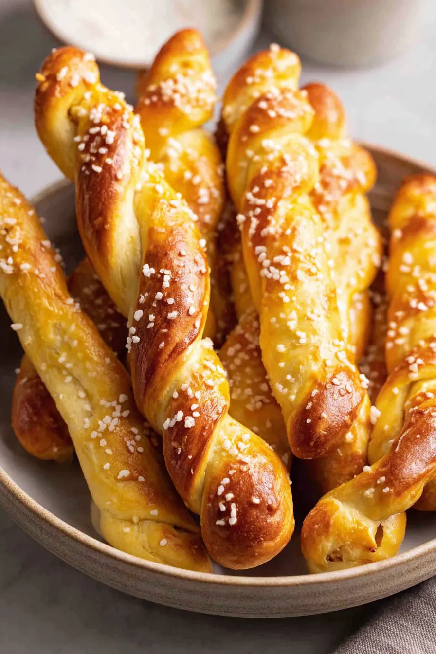 Baked pretzel sticks on parchment