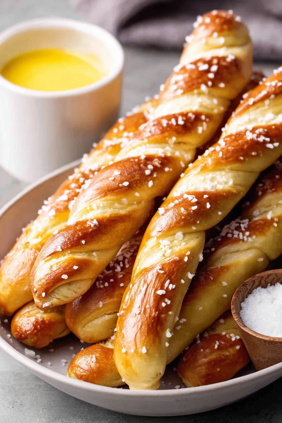 Pretzel dough being shaped into sticks