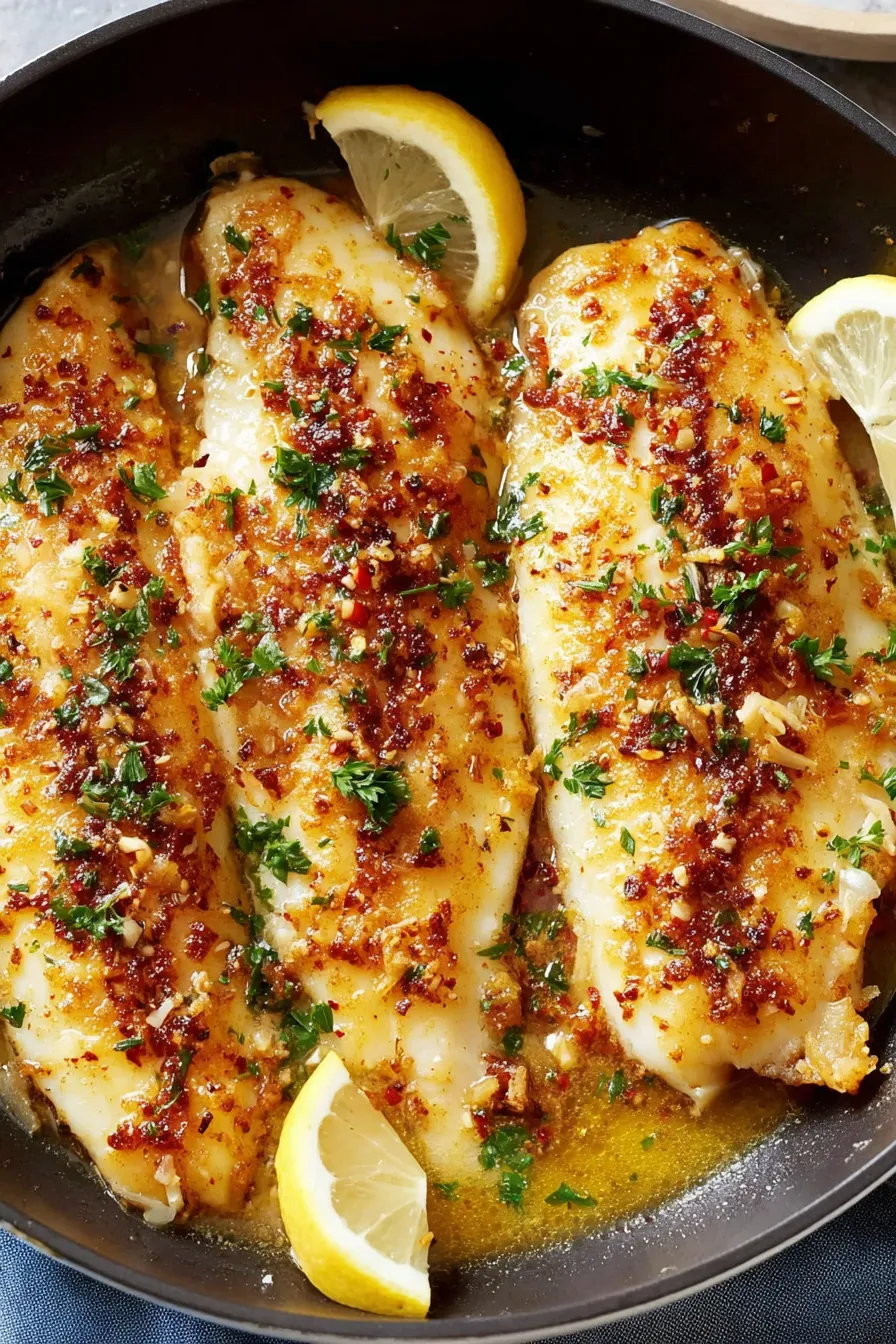 Baked lemon garlic butter tilapia served with lemon wedges and parsley