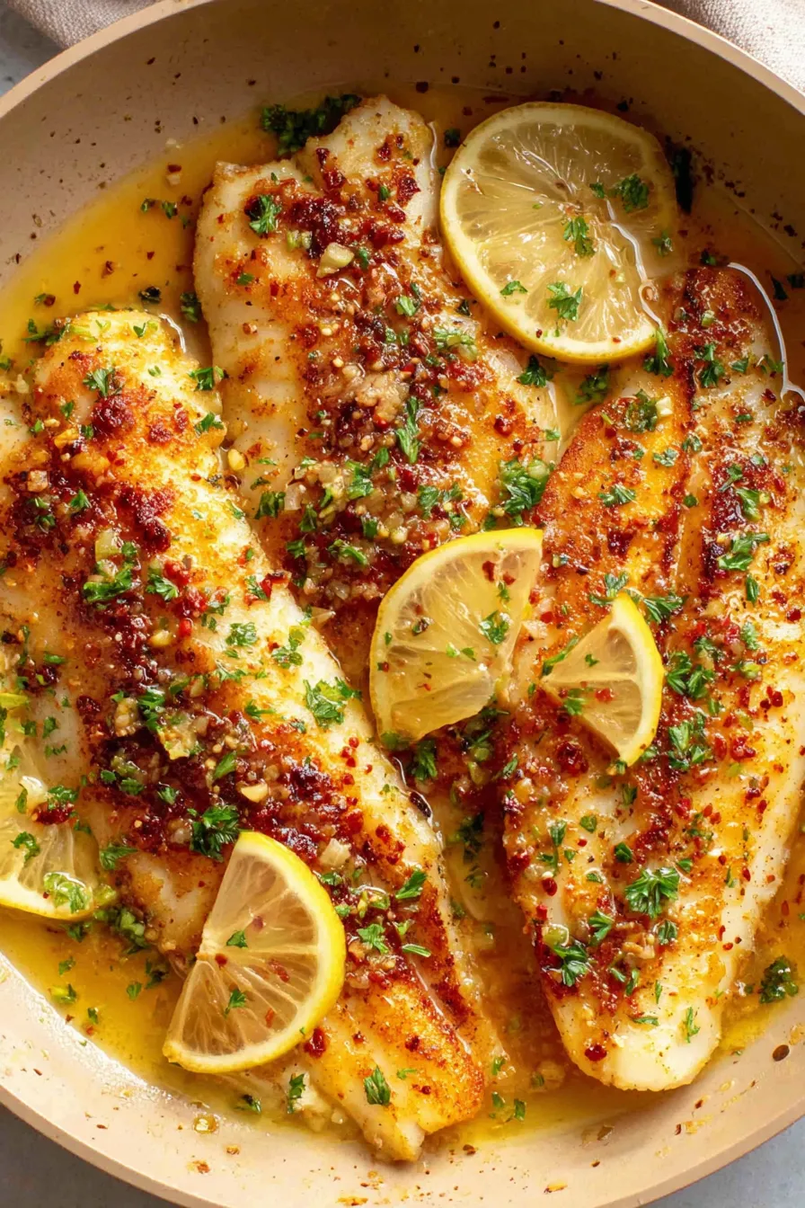 Tilapia fillets arranged in a baking dish, ready for butter and lemon