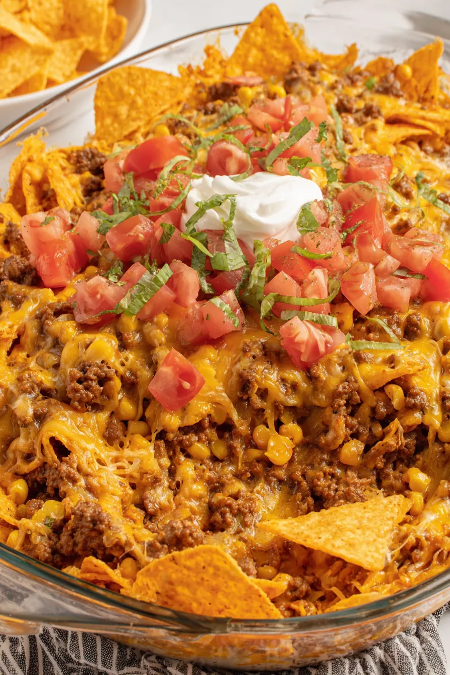 Doritos taco casserole in baking dish, cheese melting