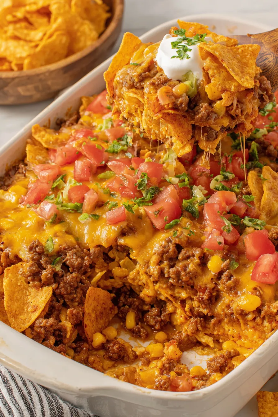 Served Doritos taco casserole plated with garnishes