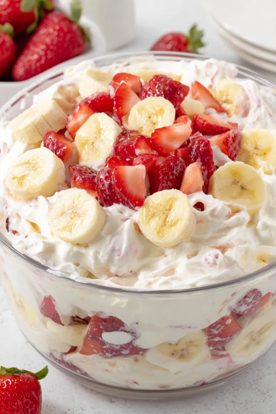Fresh strawberry banana cheesecake salad in a glass bowl