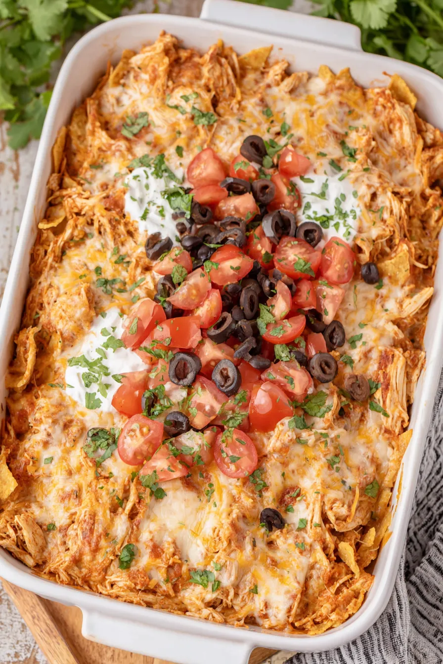 Close-up of cheesy chicken taco casserole portion