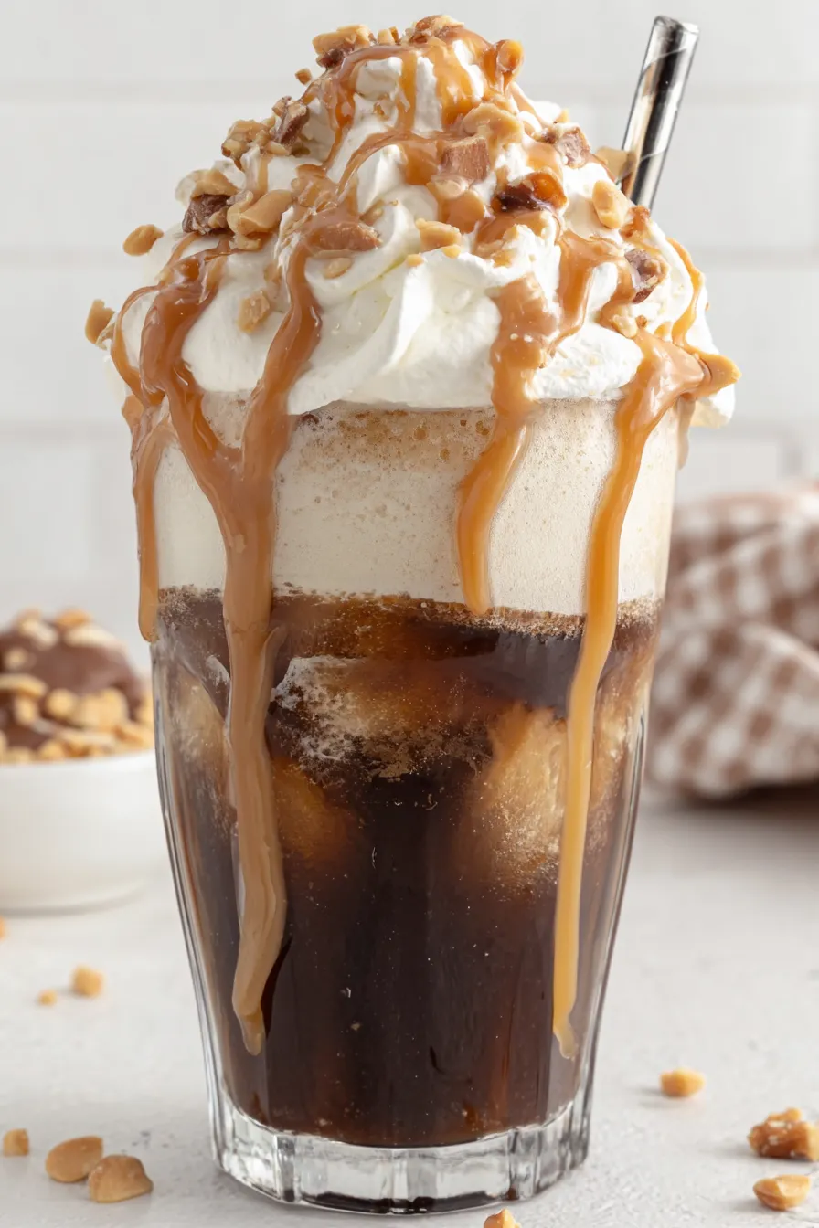 Peanut butter whiskey root beer float in a tall glass with whipped cream