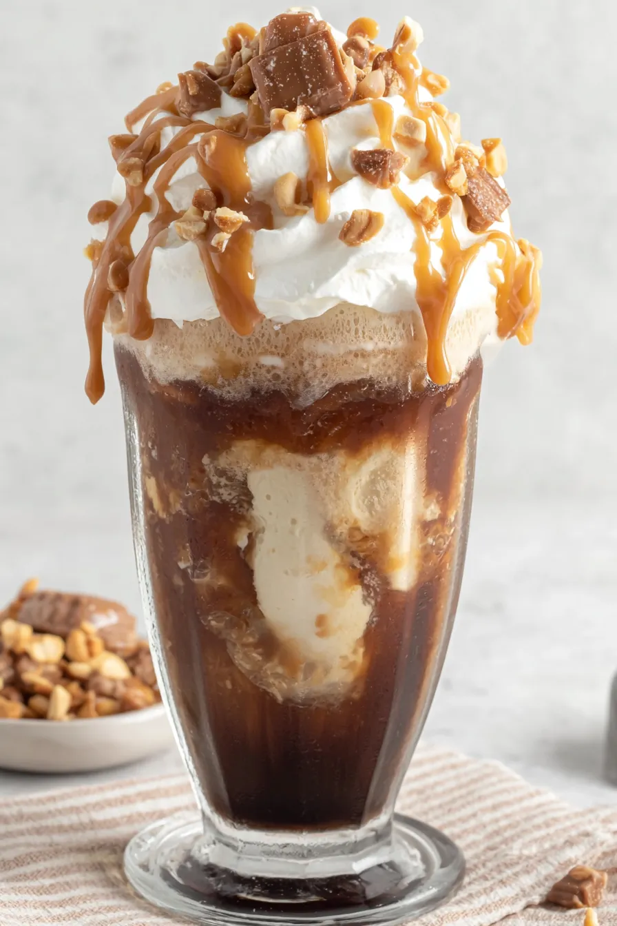 Two root beer floats on a wooden tray with peanuts and whipped cream