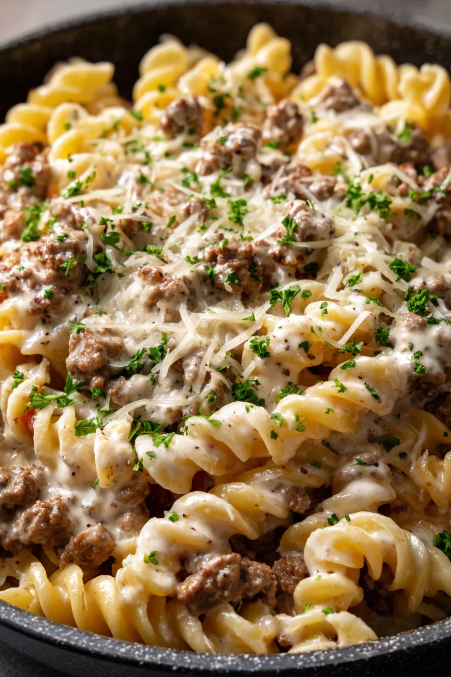 Finished creamy ground beef pasta in skillet