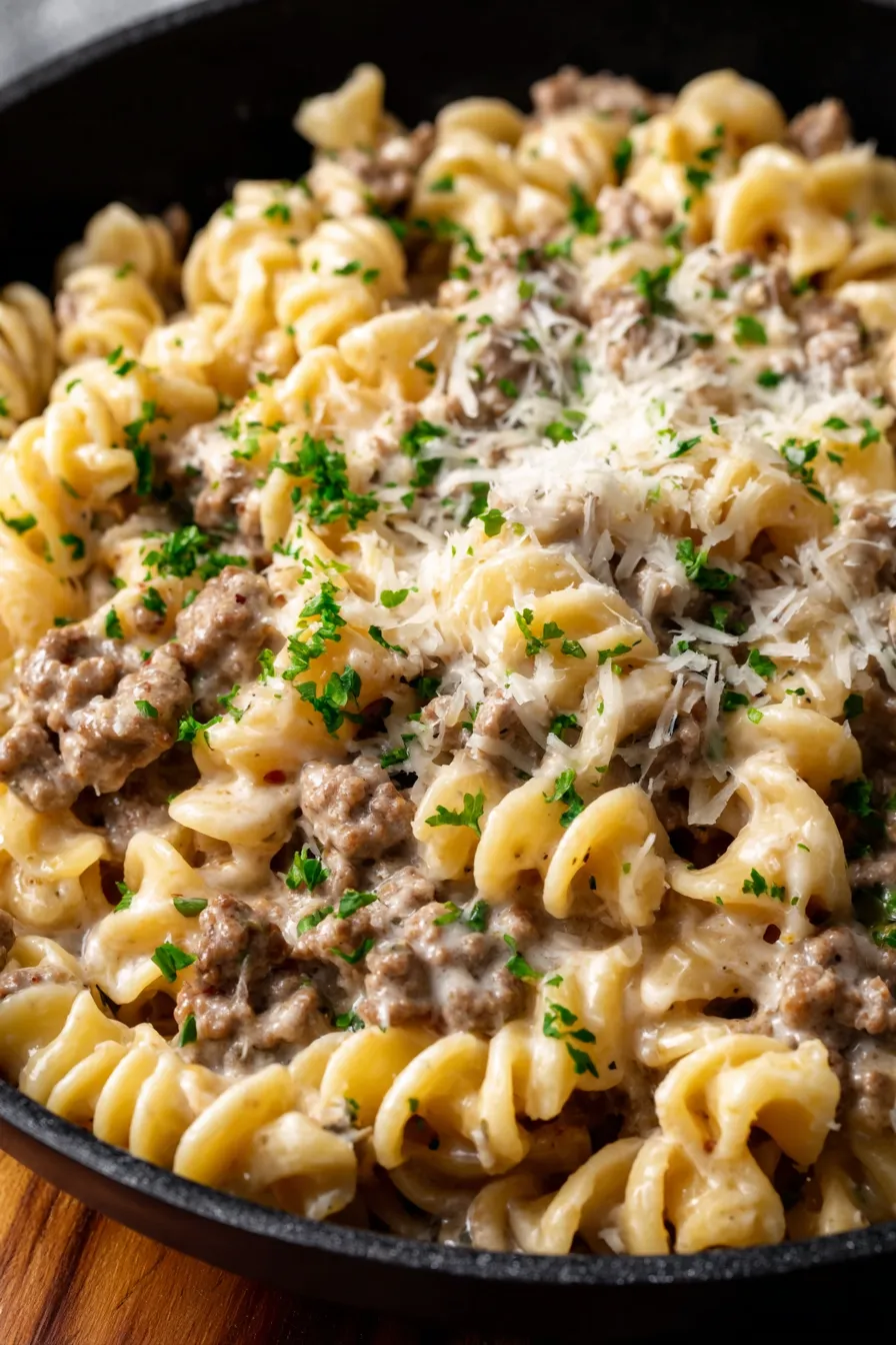 Close-up of creamy pasta with parsley garnish
