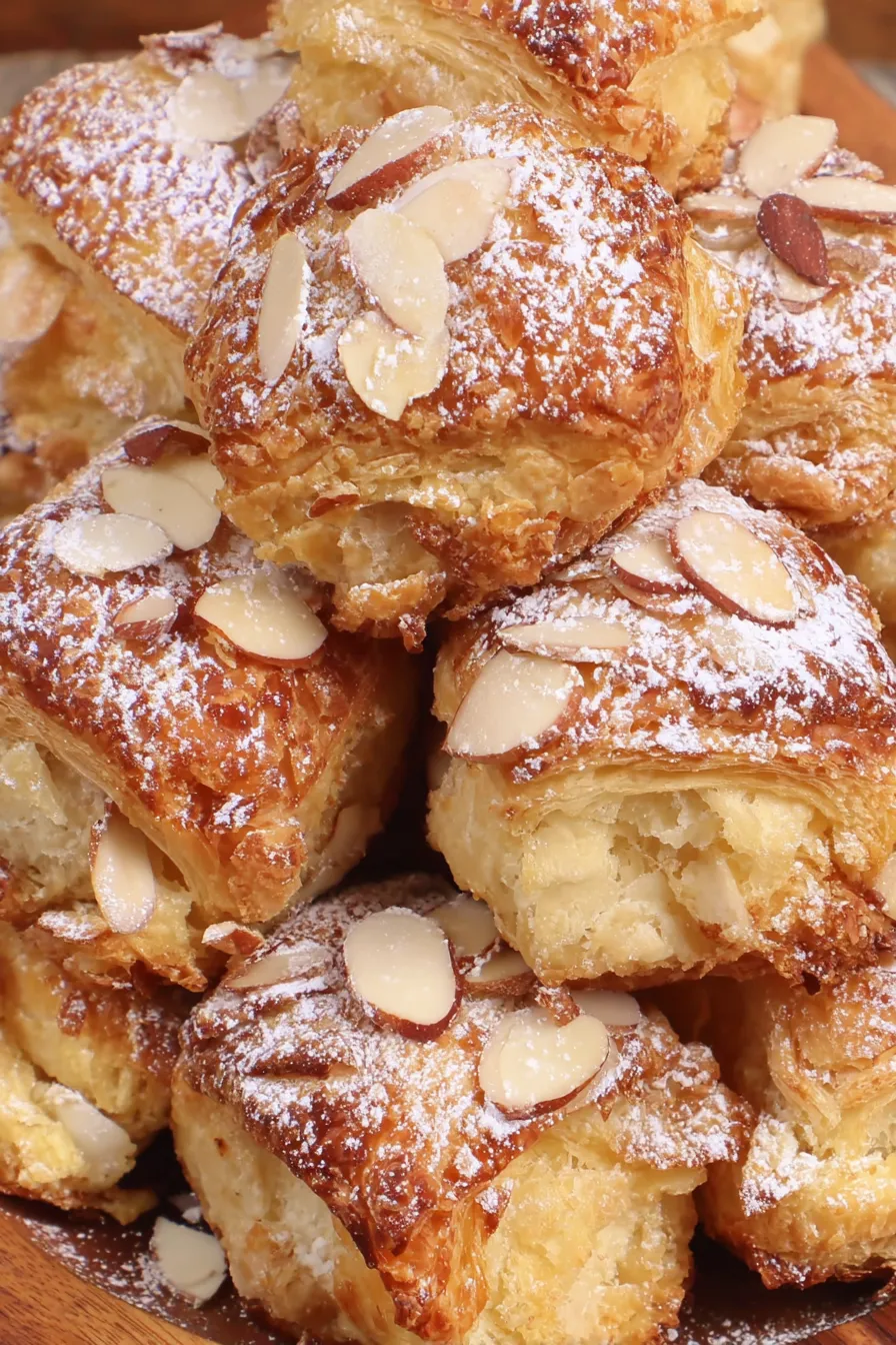 Freshly baked almond croissant bites cooling on a wire rack