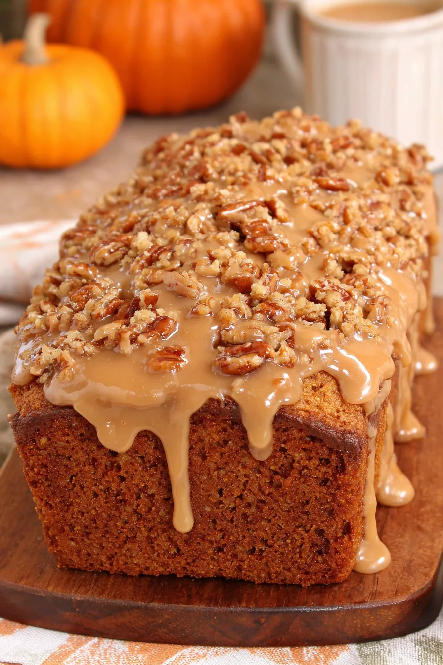 Loaf of maple pumpkin bread with nut topping on cooling rack