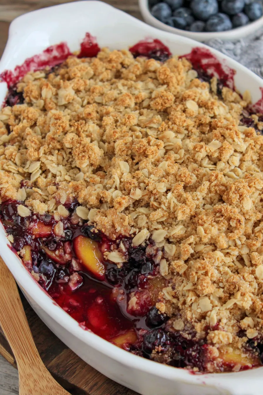 Spoon serving Blueberry Peach Crisp with melting ice cream